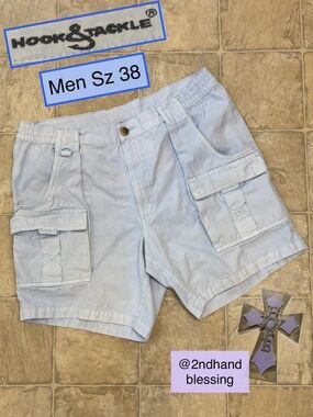 Hook & Tackle Men’s Drink Can Island Cargo Cotton Fishing Short Sz 38 Light Blue